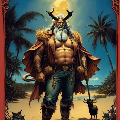 Sturdy Grandpa Wizard Demon on Tropical Beach Portrait