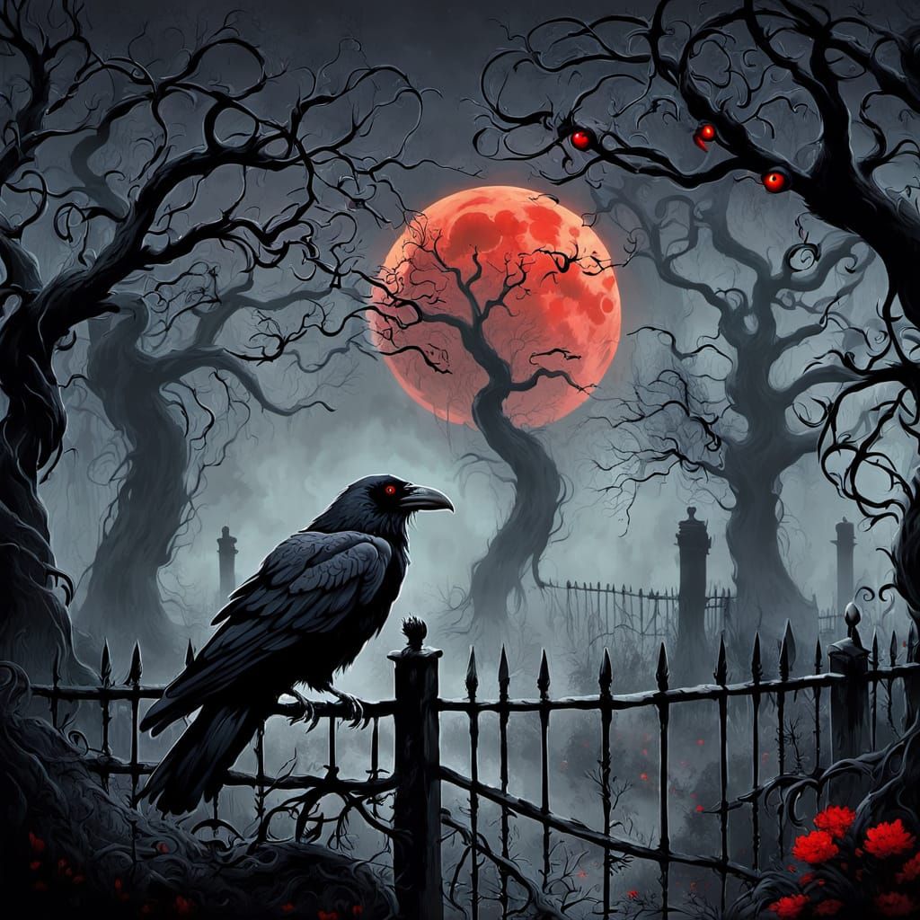 A creepy garden with wrought iron fencing and dark tangled trees surround the garden. A single raven with glowing red ey...