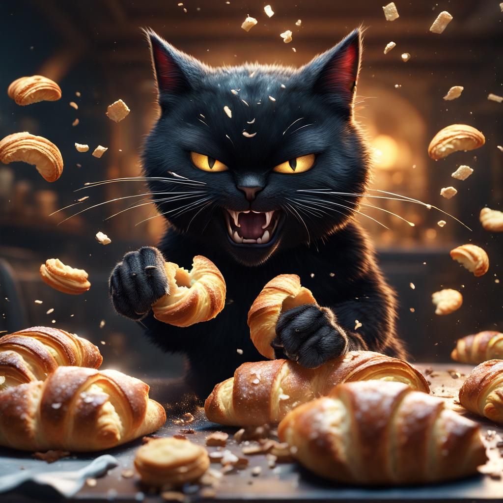 Angry Black Cat Croissant Smash: Detailed Fantasy Art