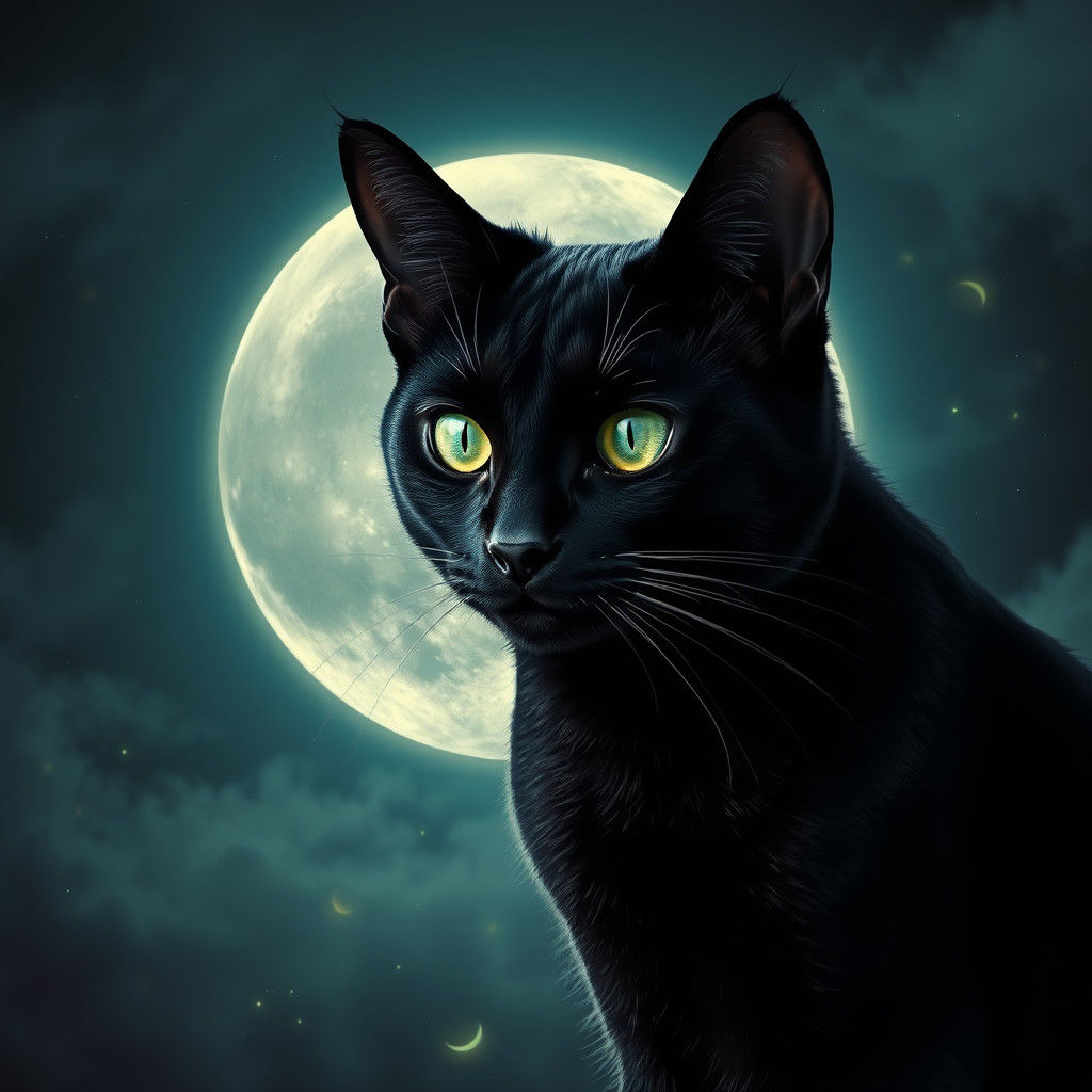 Black Cat with Emerald Eyes Under Full Moon