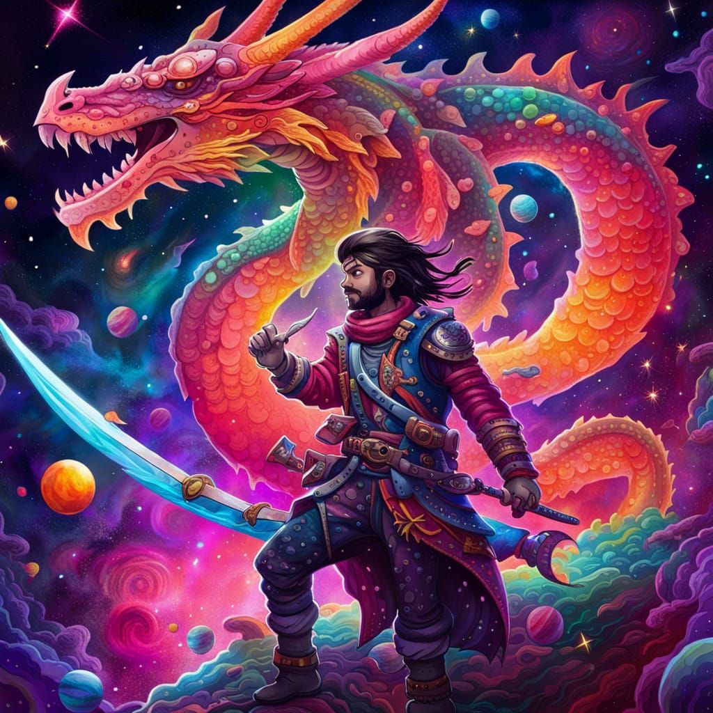 Space Pirate Confronts Galactic Dragon in Vibrant Space