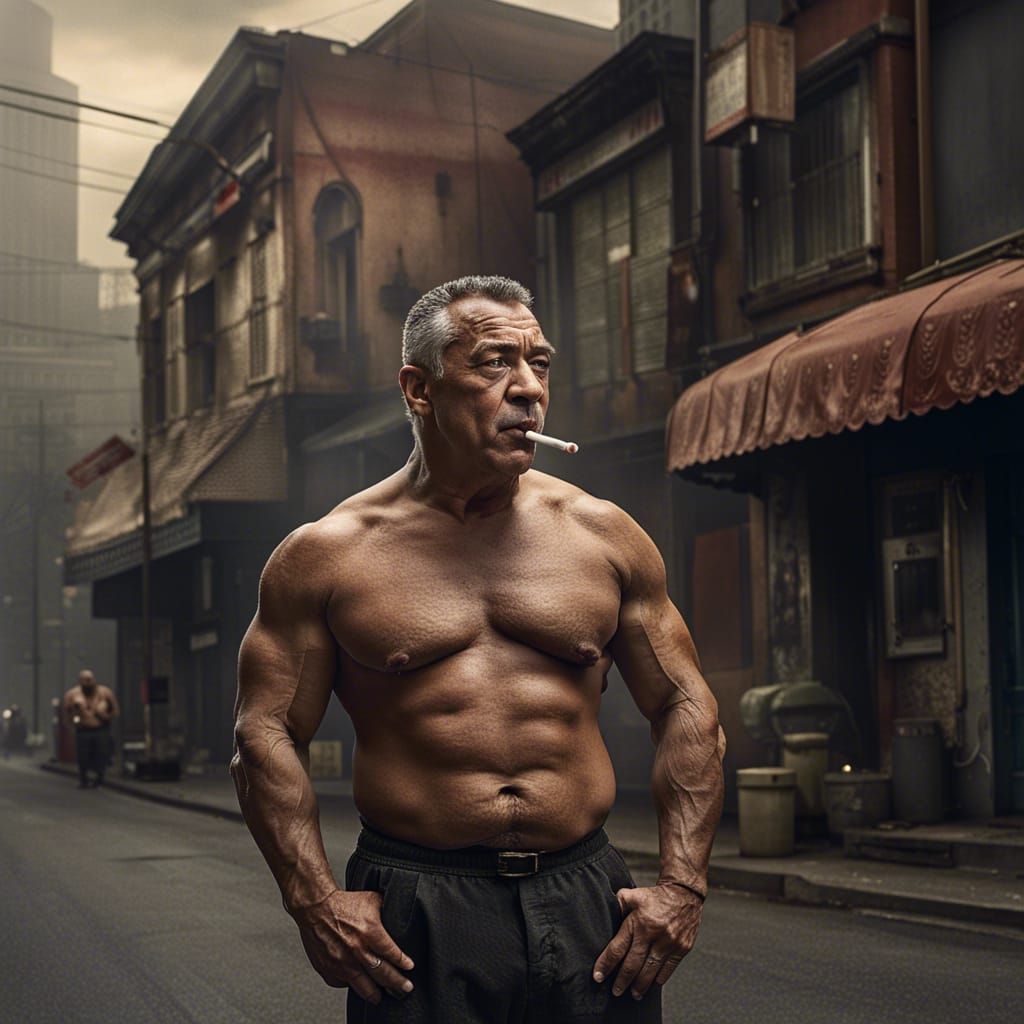 Shirtless Bodybuilder Smoking: Detailed Matte Painting