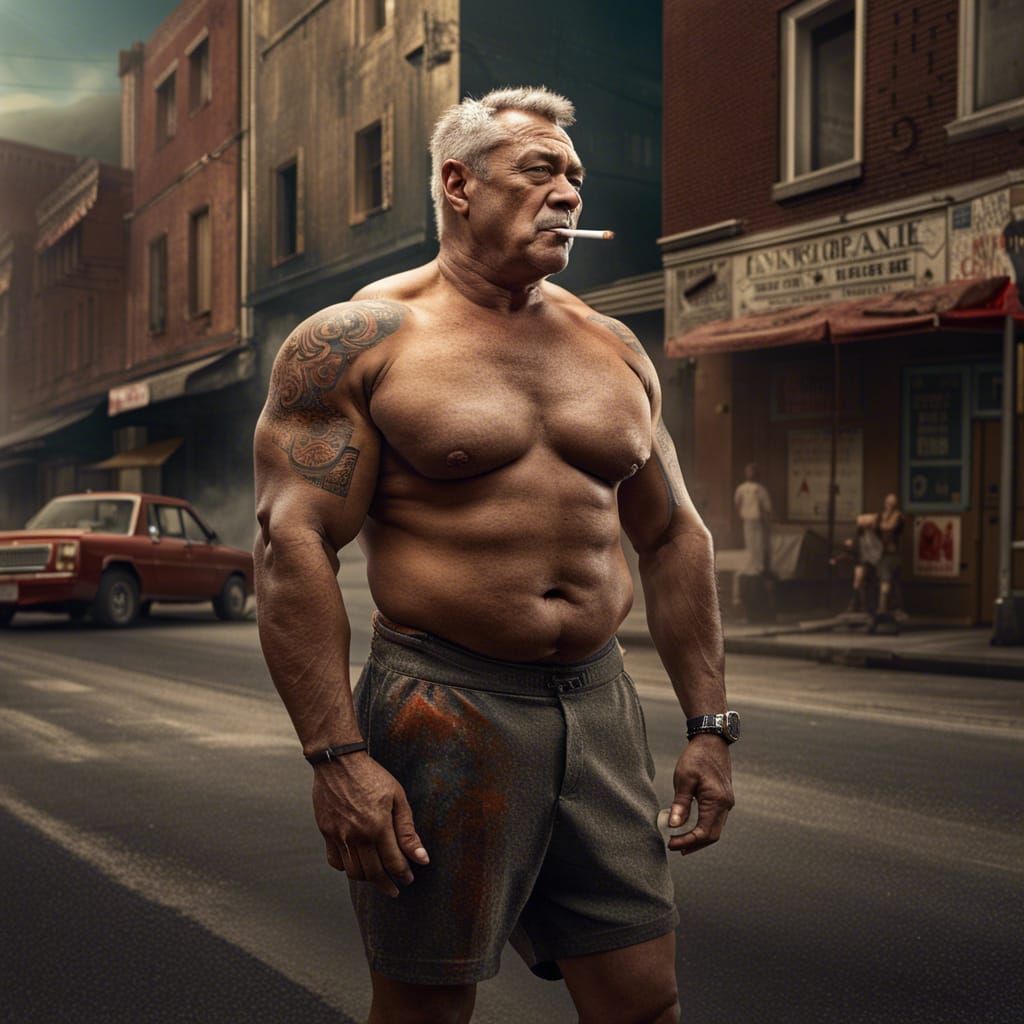 Shirtless Bodybuilder Smoking: Detailed Matte Painting