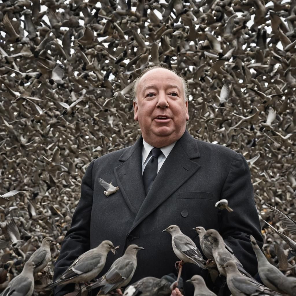 Hitchcock's Happy Birds: A Hyperrealistic Cinematic Scene