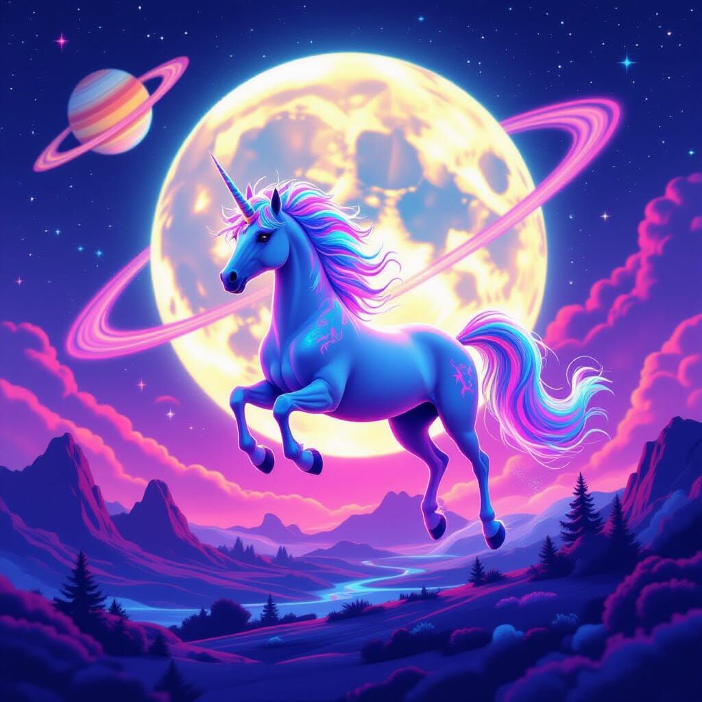 Neon Unicorn Flies Over Glowing Moonscape