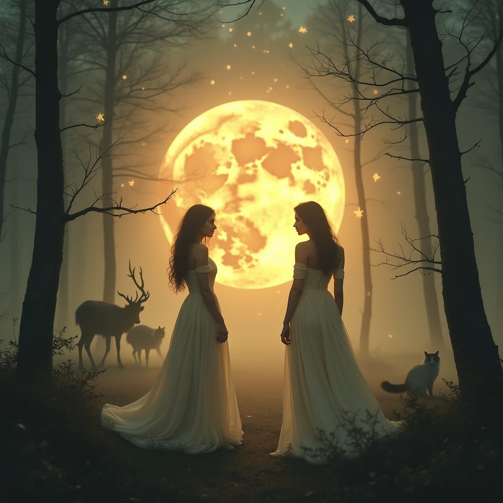 Mystical Women Silhouettes Under a Misty Moonlit Sky