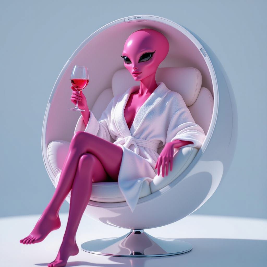 Neon Pink Alien in Bathrobe on Levitating Egg Chair