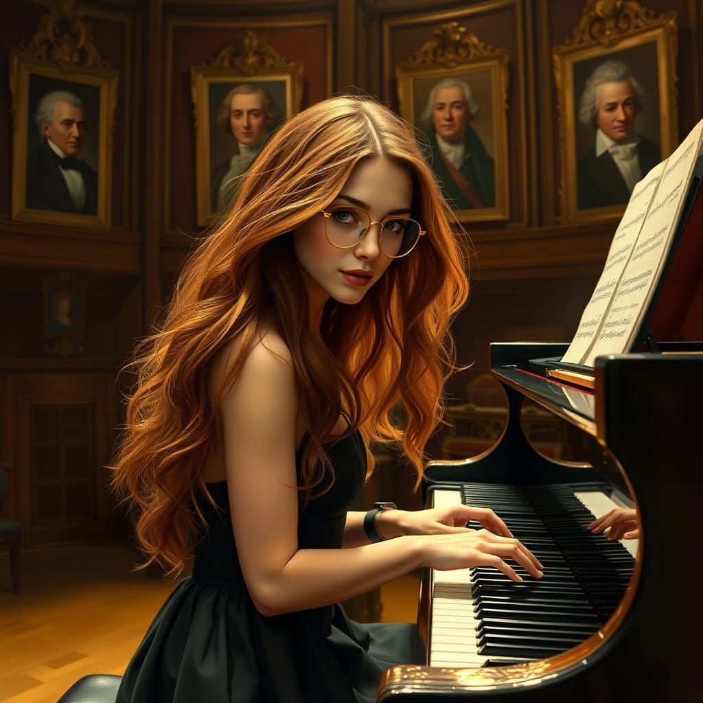 Elegant Pianist in a Golden Concert Hall