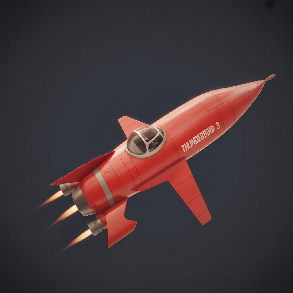 Thunderbird 3, red space rocket, three thrusters, with "Thun...