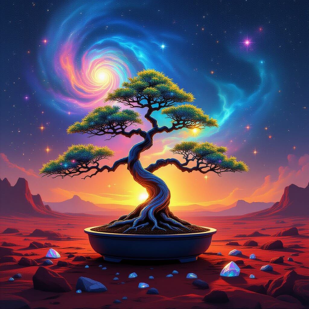 Bioluminescent Bonsai Tree on Alien Planet, Holographic Illu...
