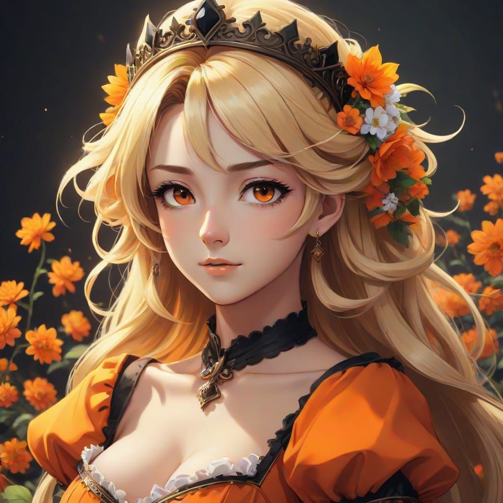 Ethereal Medieval Princess in Vibrant Orange Attire