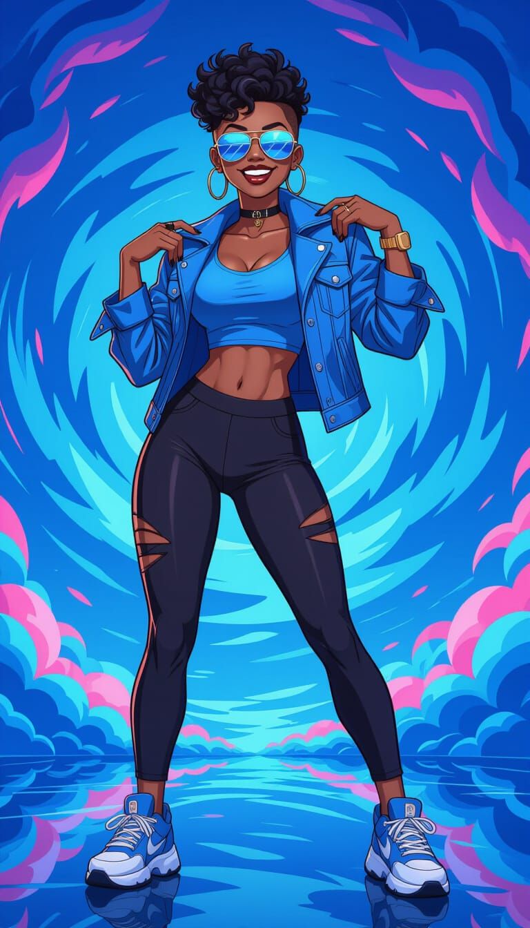 Confident Woman with Mirrored Sunglasses in Cartoon Style