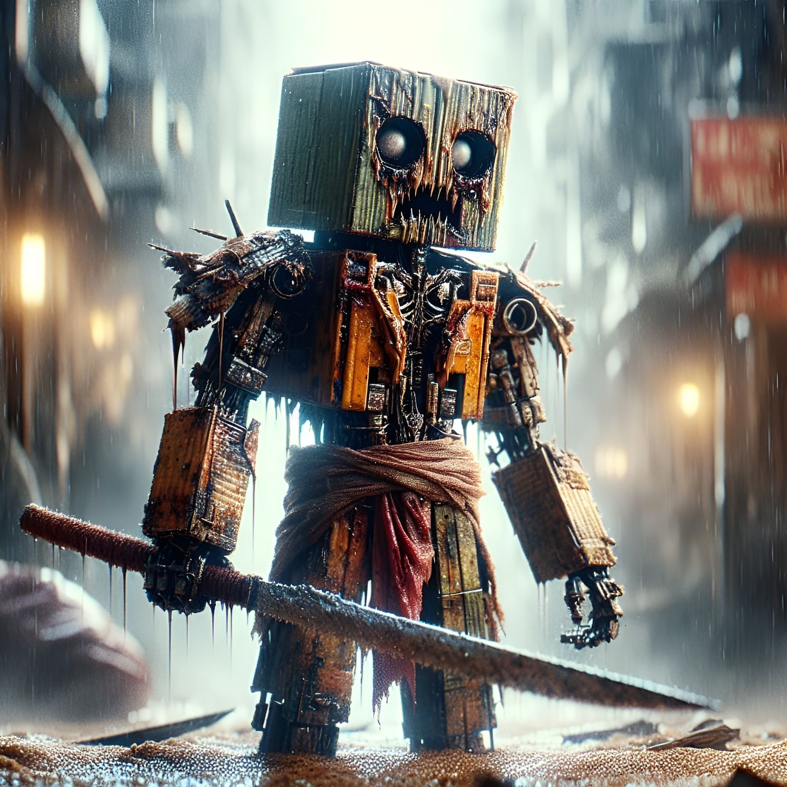 Dystopian Cardboard Warrior with Straw Sword