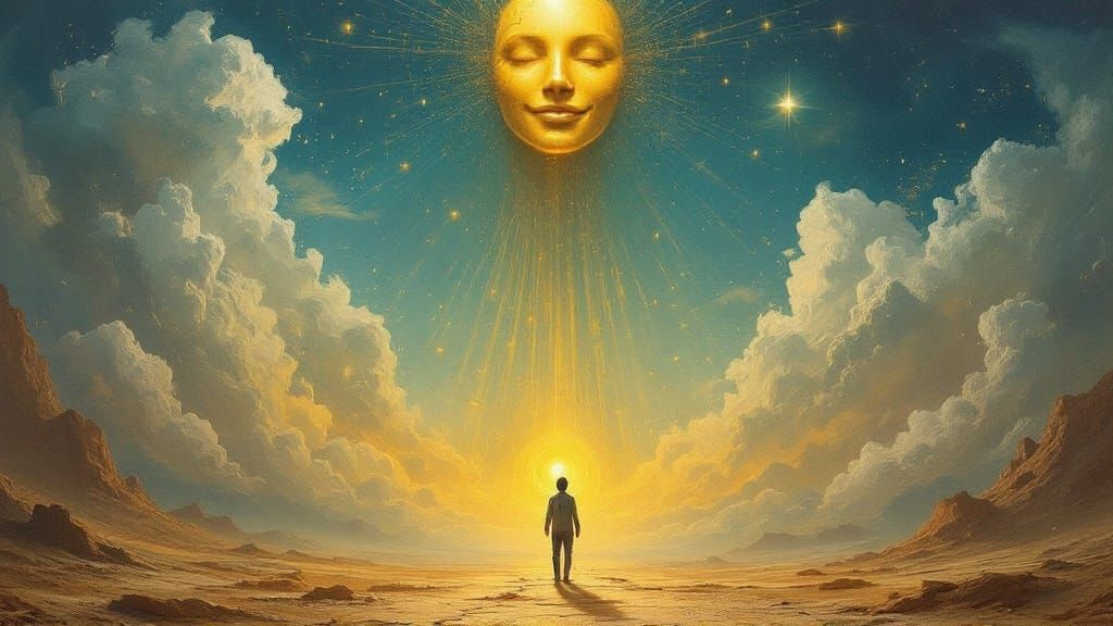 Celestial Figure Offers Illusory Gift in Surreal Dreamscape