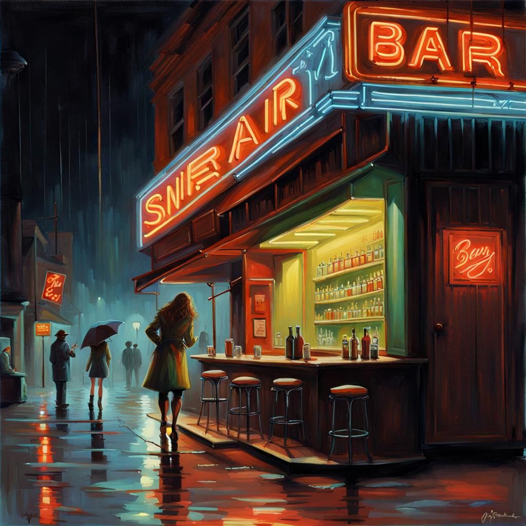 Neon-lit Bar in Rainy City Night