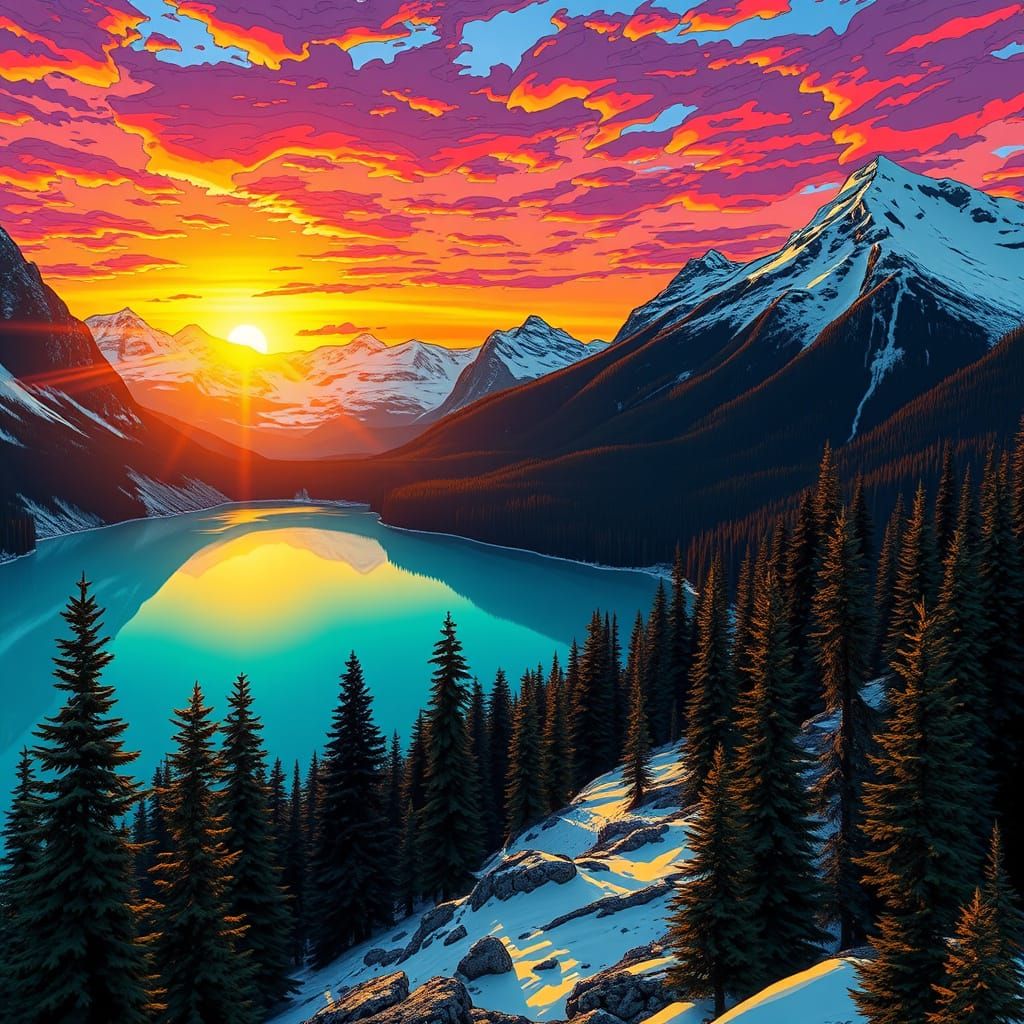 Banff Sunrise Over Turquoise Glacial Lake in Comic Style