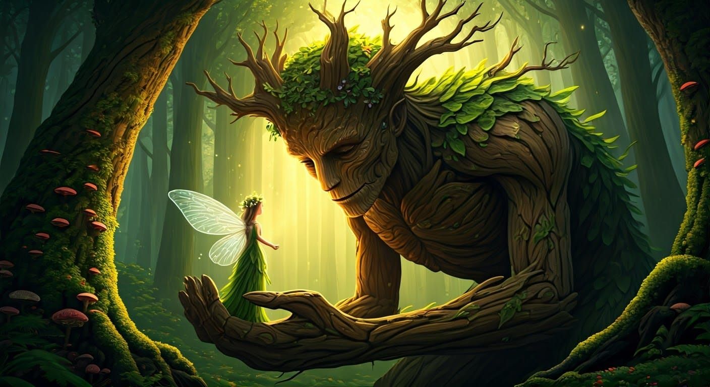 Gentle Giant Tree Creature Amidst Lush Forest in Whimsical S...