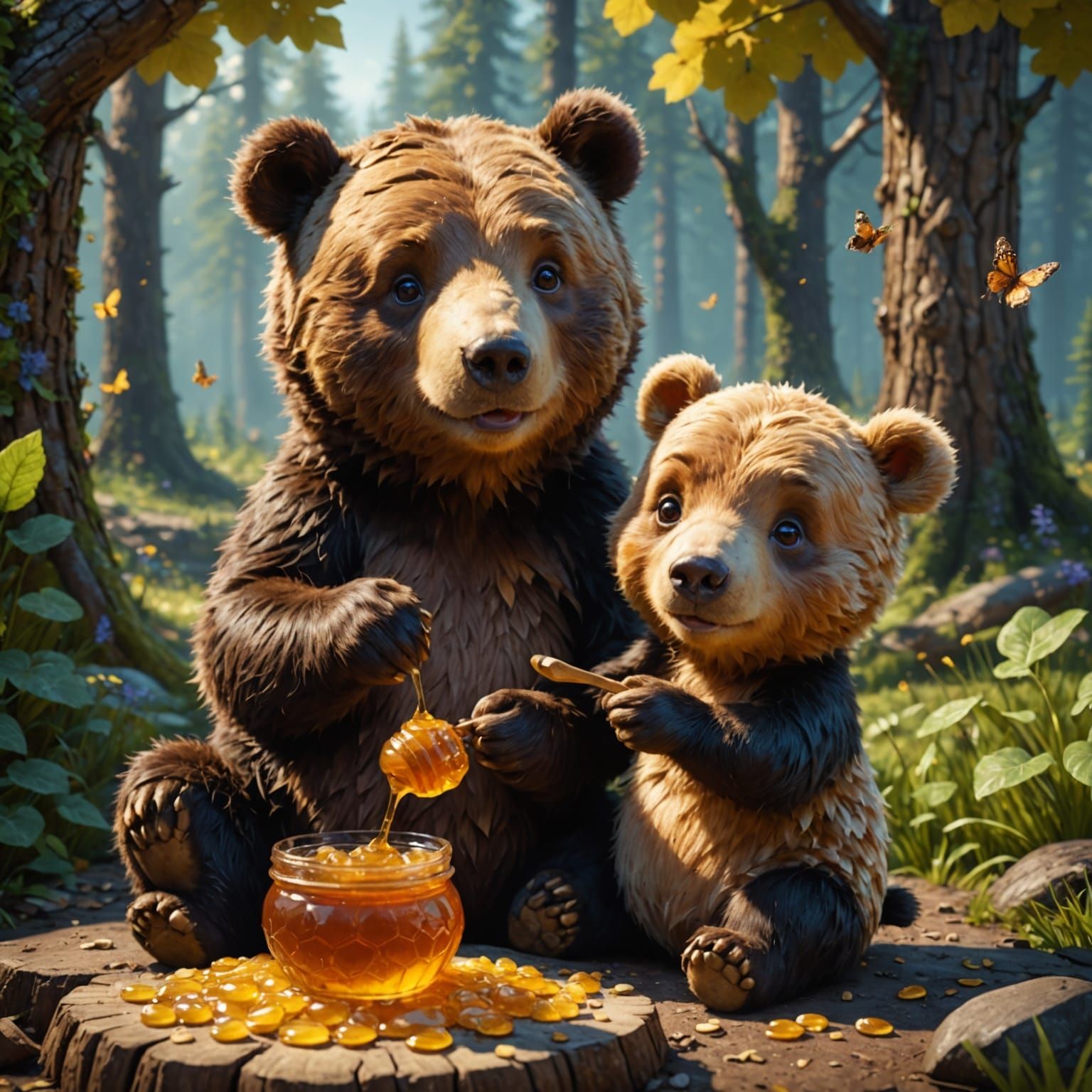 Cute Bear and Piglet Enjoying Honey