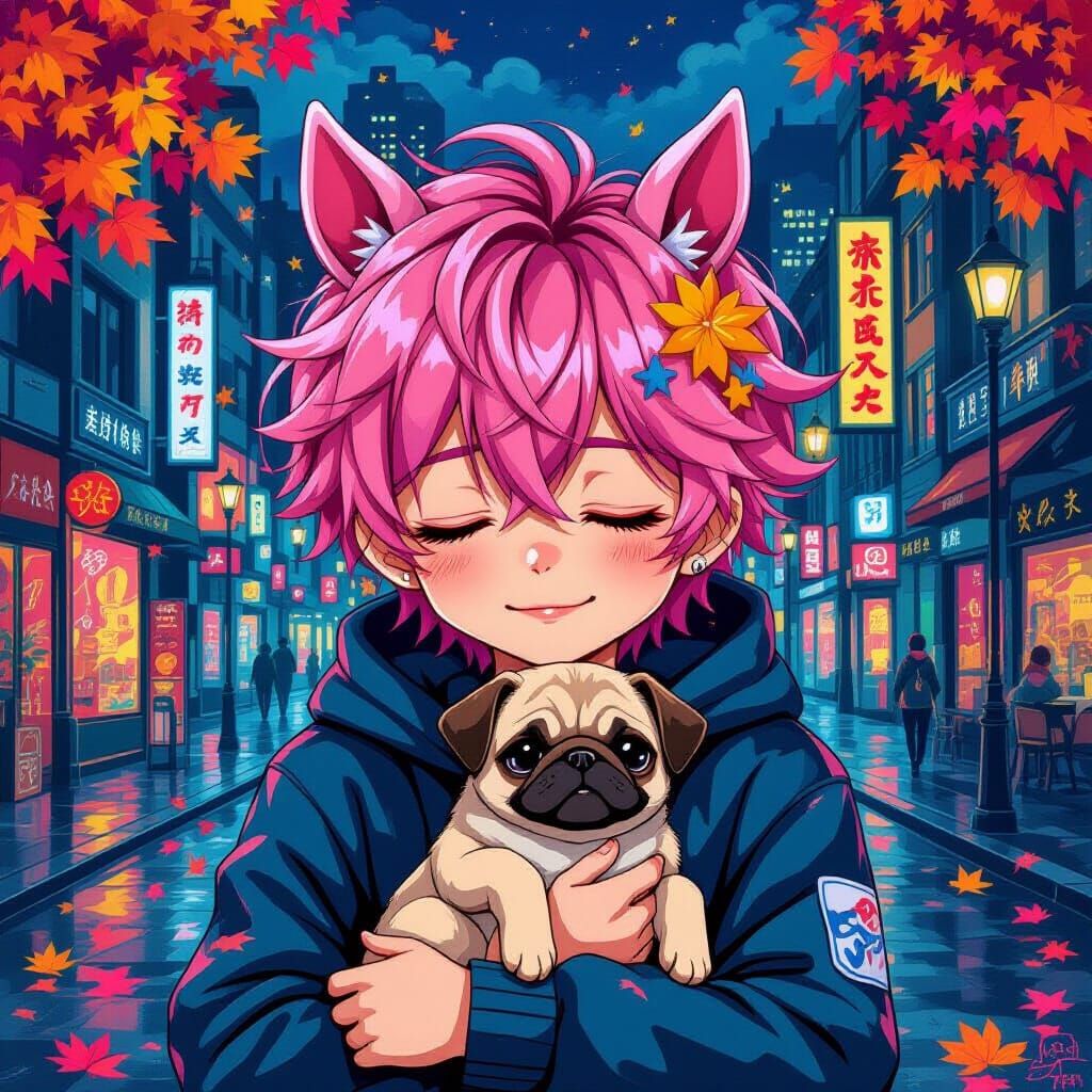 Mystical Anime Boy with Pink Hair & Horse Ears at Night