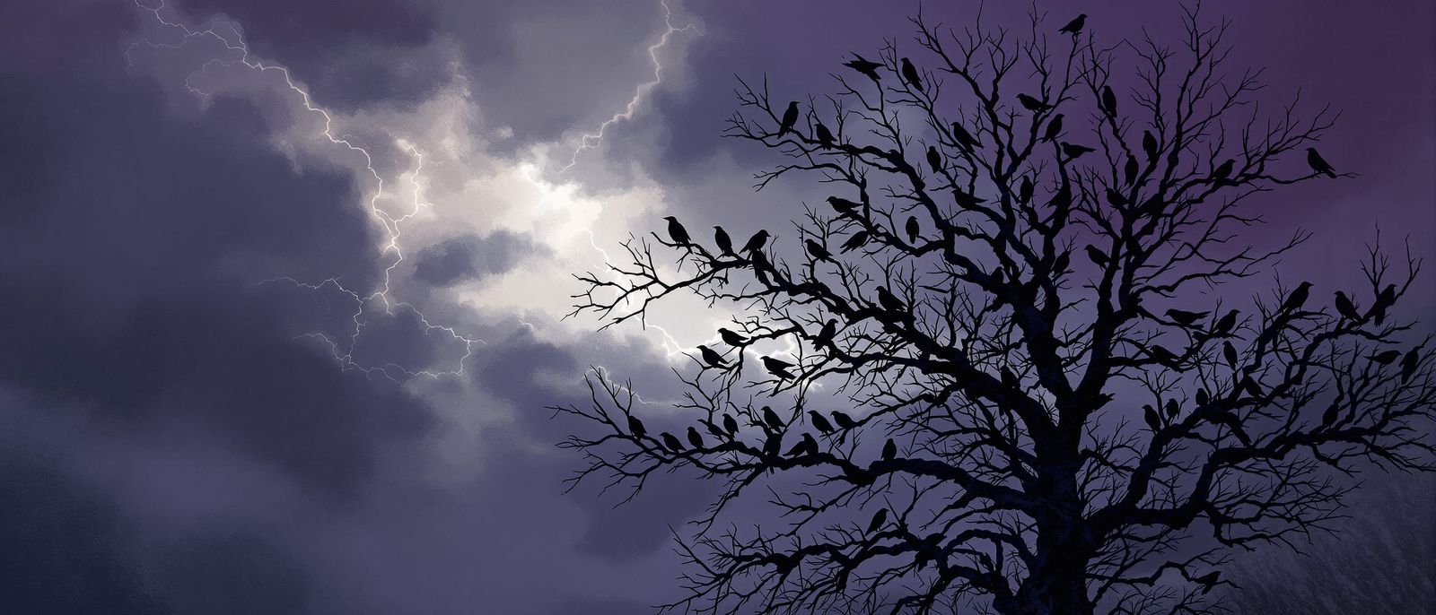 Ominous Crows in Winter Tree Under Stormy Sky