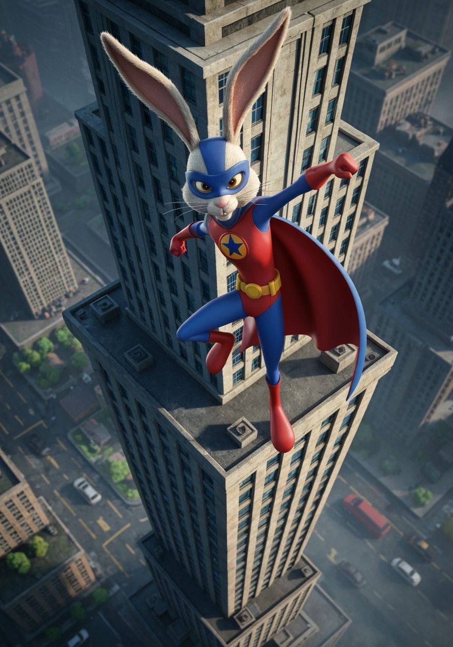 Heroic Rabbit Strikes Pose Atop Skyscraper in Gothic Whimsy ...