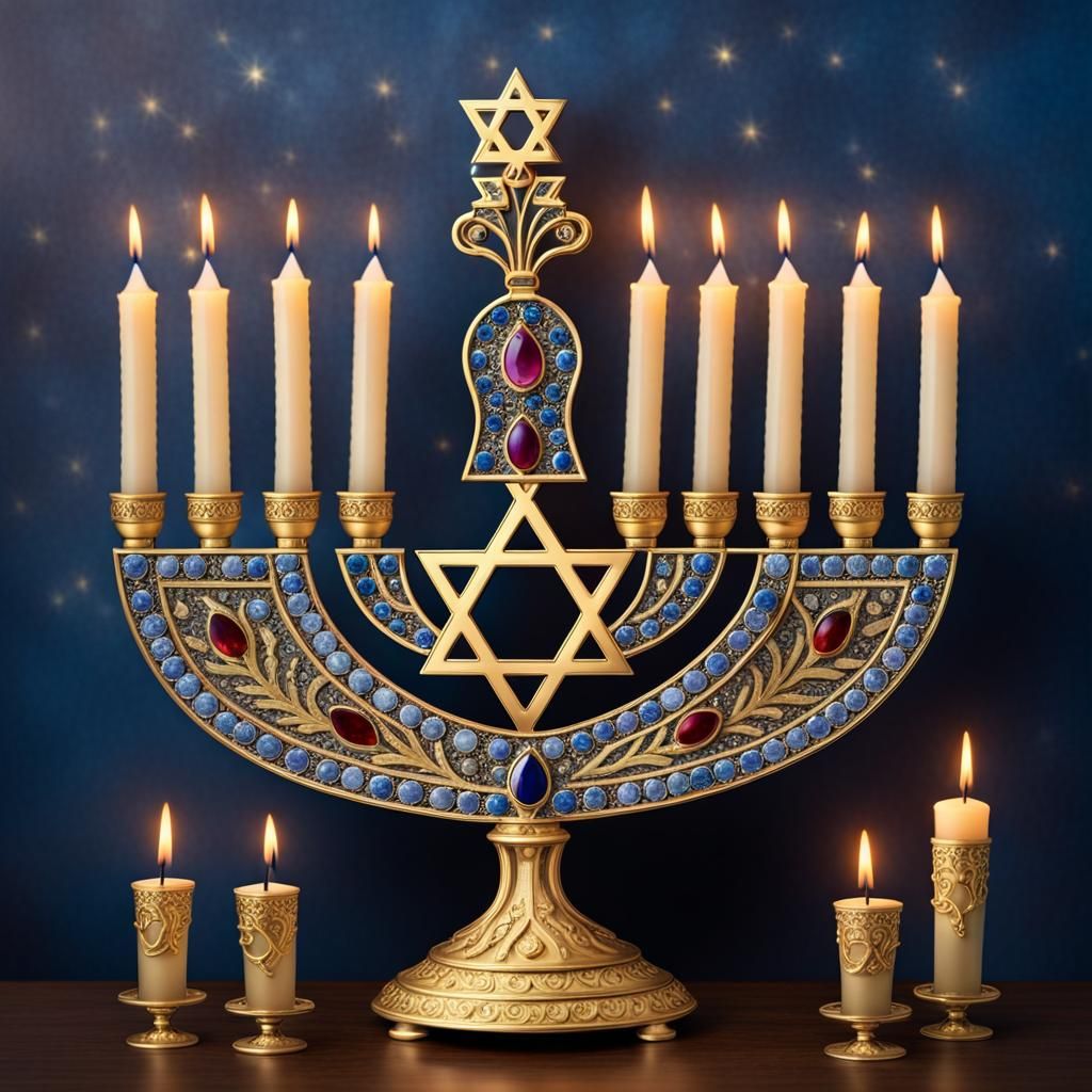 Ornate Gold Menorah with Hanukkah Banner and Star