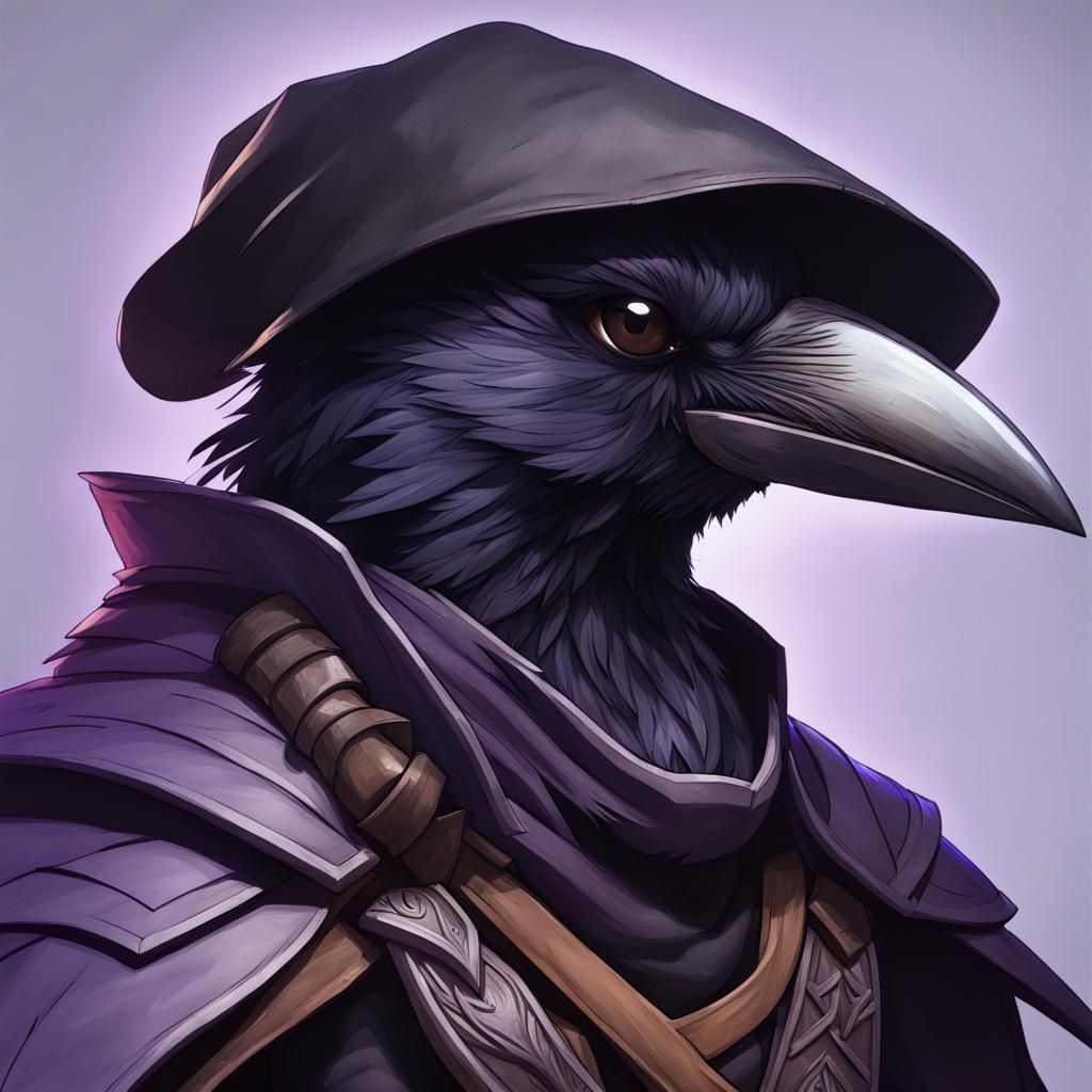 Smokey Kenku Cleric with Armored Raven, Detailed Portrait