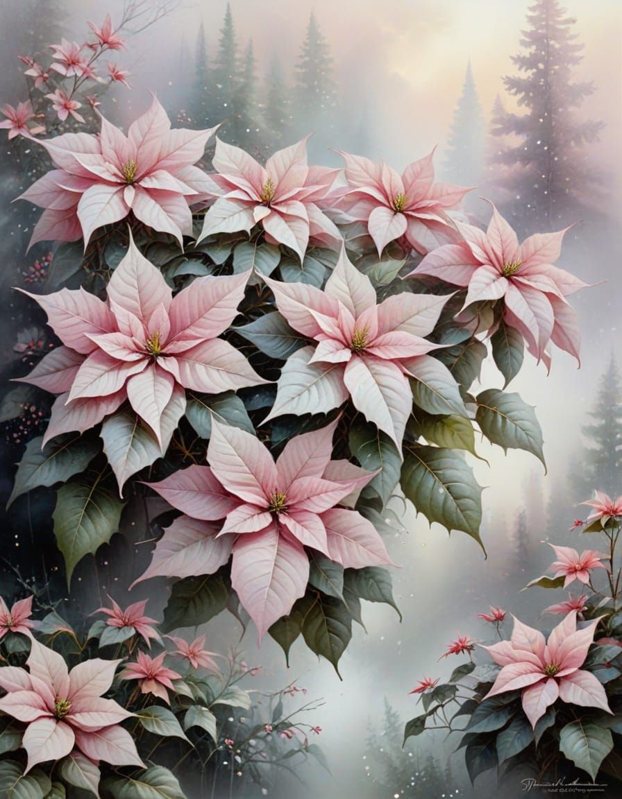 Ethereal Pink Poinsettias in Soft Watercolor Mist