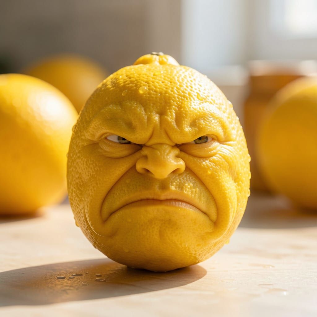 Expressive Lemon with Sour Grimace in Macro Photography