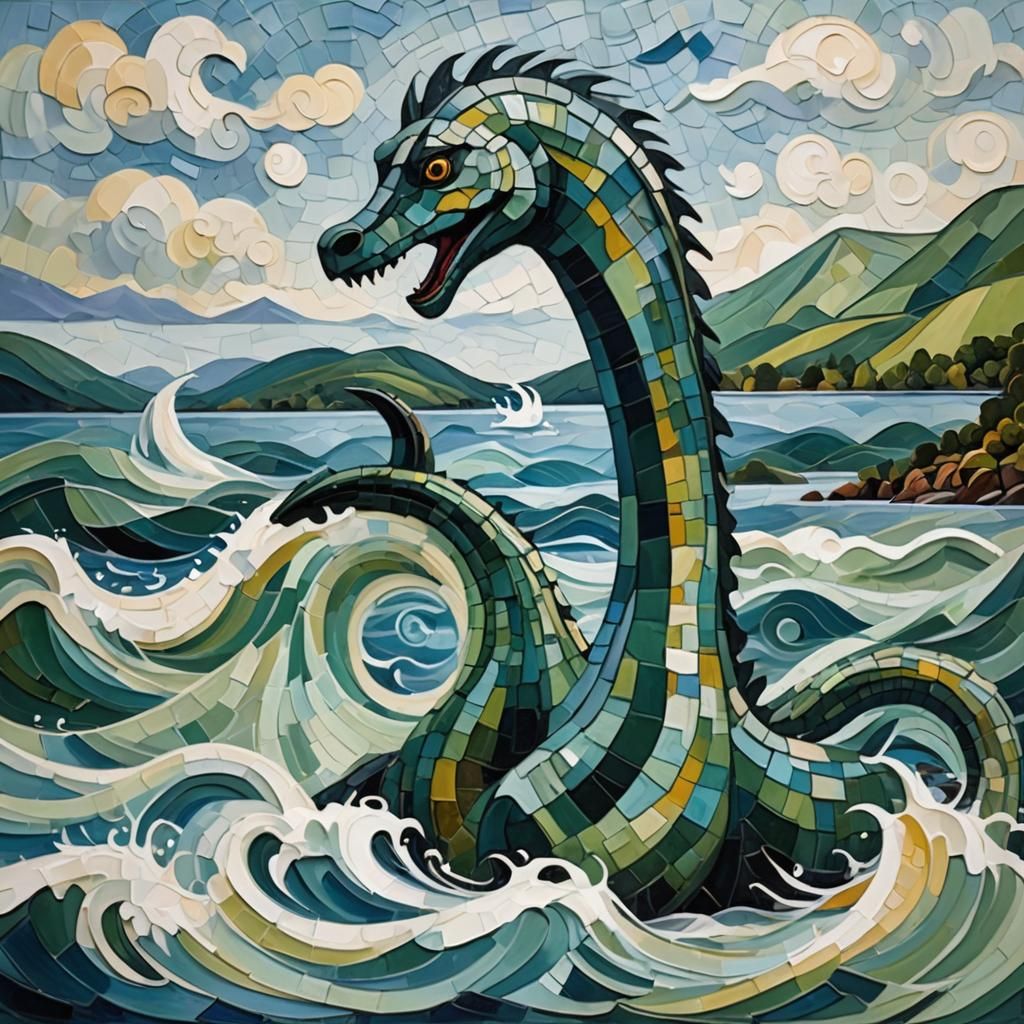 Cubist Loch Ness Monster Portrait with Impasto Waves