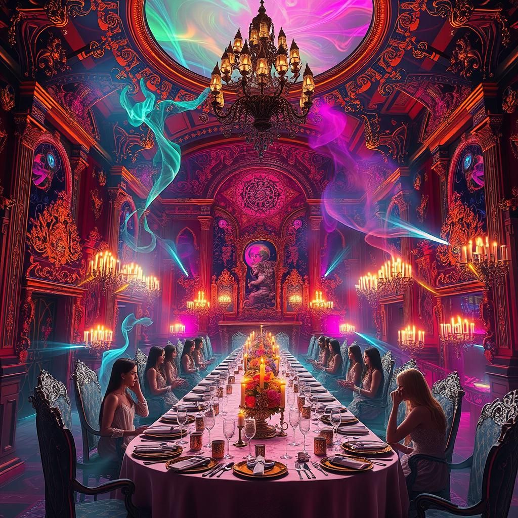 Opulent Banquet in Hall of Neon Surrealism