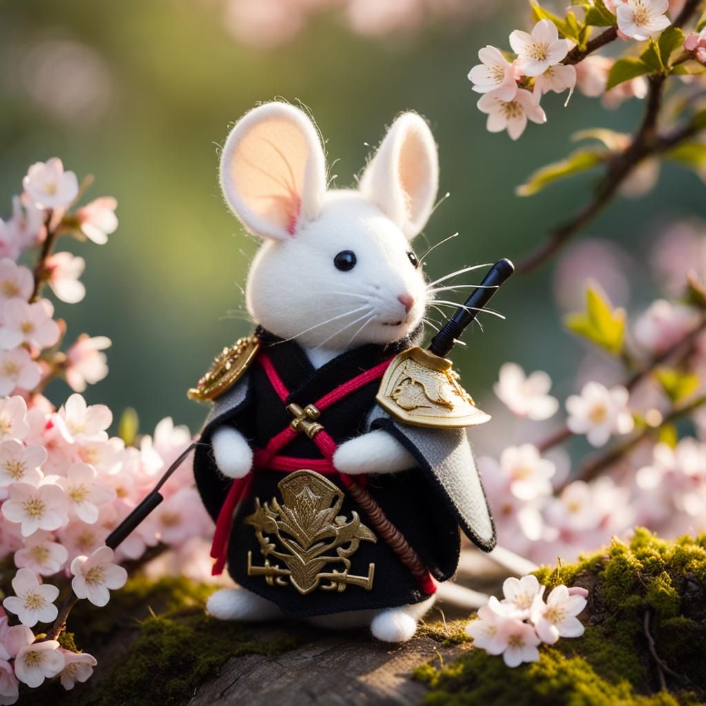 Felt Mouse Samurai in Cherry Blossom Forest
