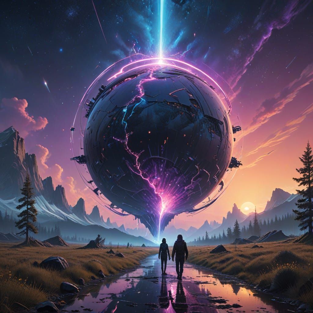 Cosmic Planet Earth Aligns with Halley's Comet in a Swirling...