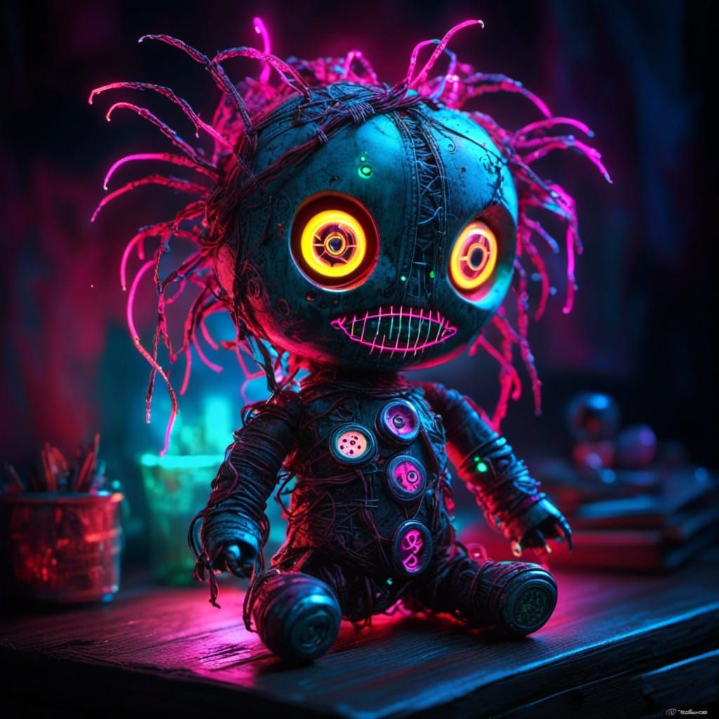 Bioluminescent Voodoo Doll in Synthwave Style