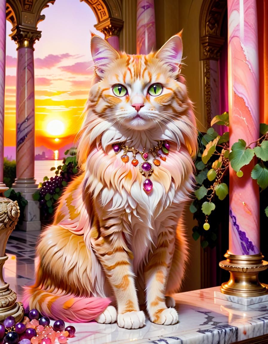 Ornate Cat with Gemstone Necklace in Sunset Light
