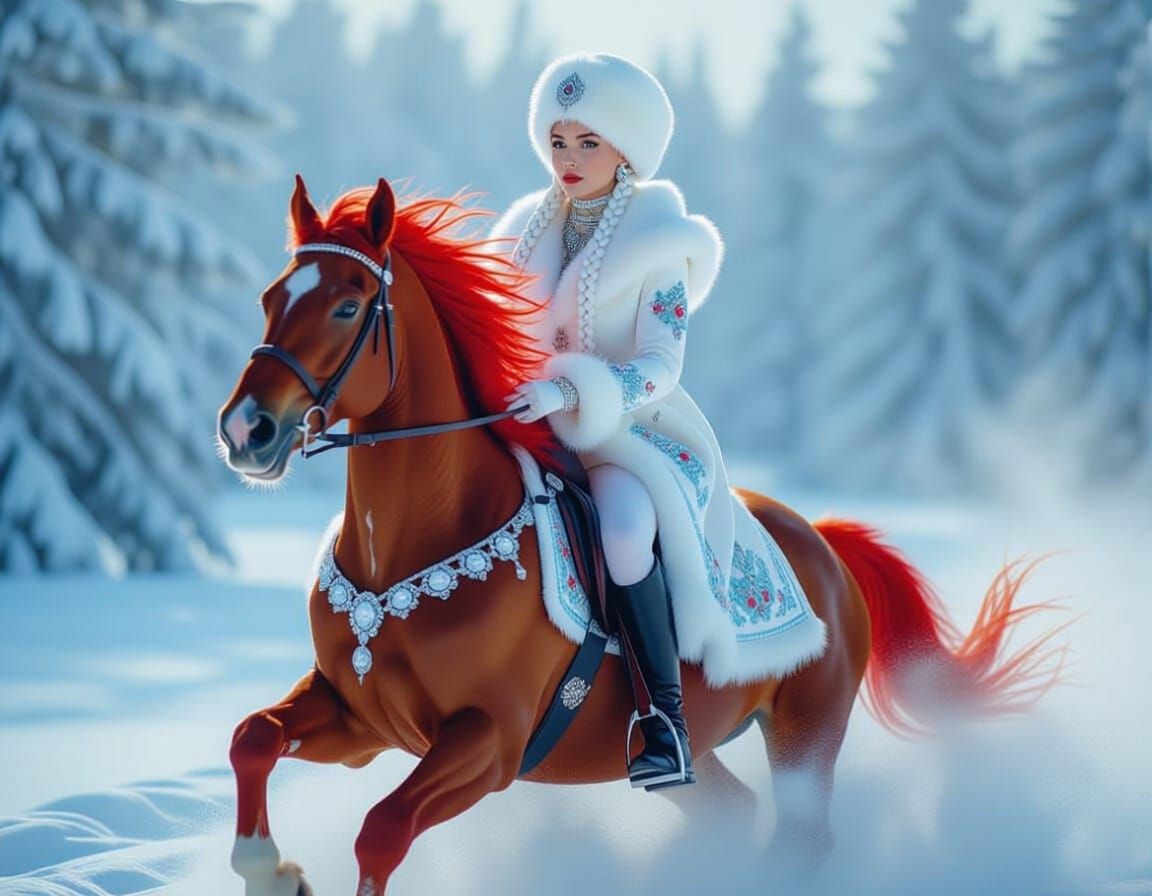 Russian Winter Beauty on Fiery Horse in Ethereal Mist