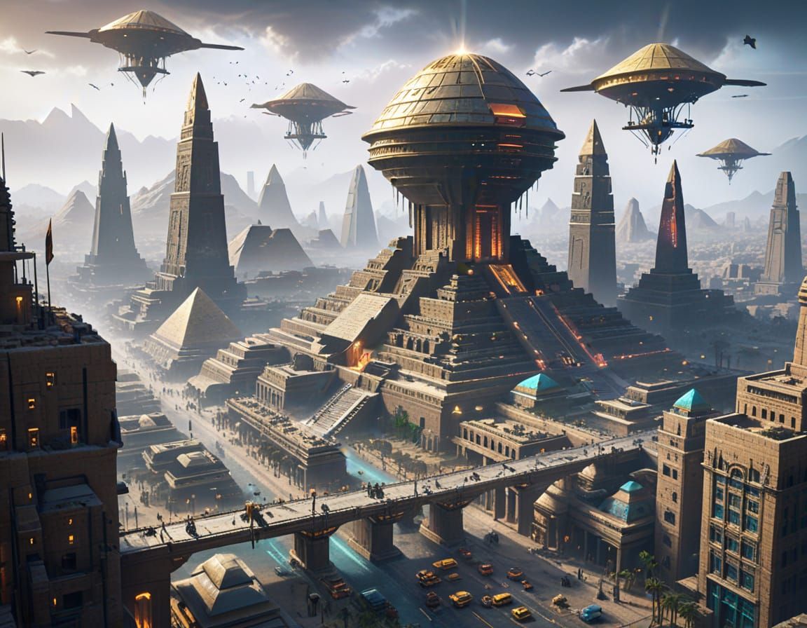 Futuristic City with Egyptian Pyramids: Digital Painting