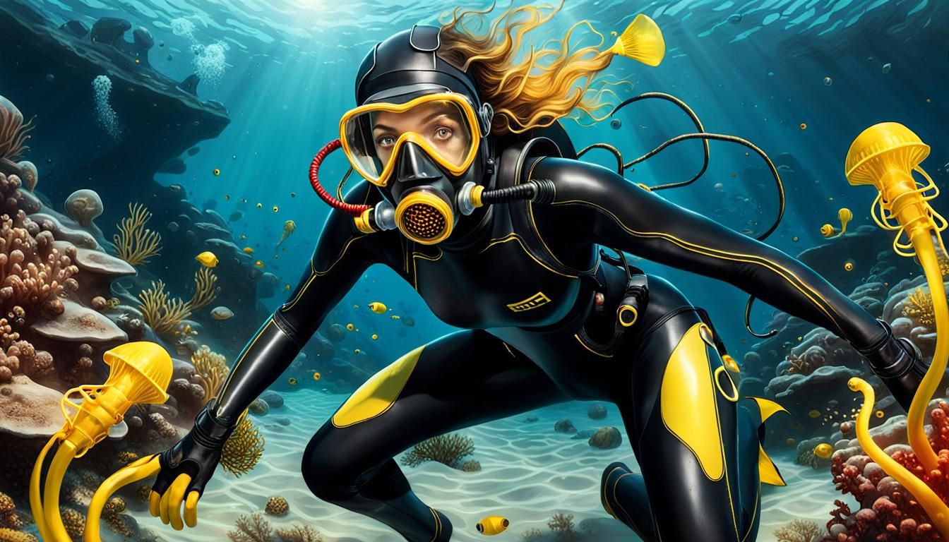 Terrified Diver Grabbed by Tentacles in Hyperrealistic Style