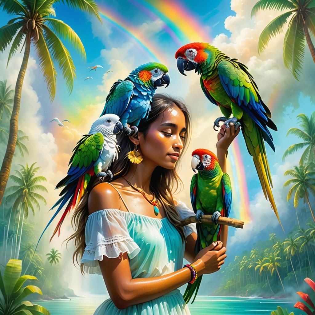 Idyllic Tropical Scene with Woman and Parrot