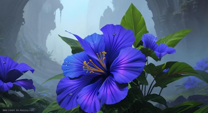 Blue Hibiscus Bush in Detailed Digital Painting