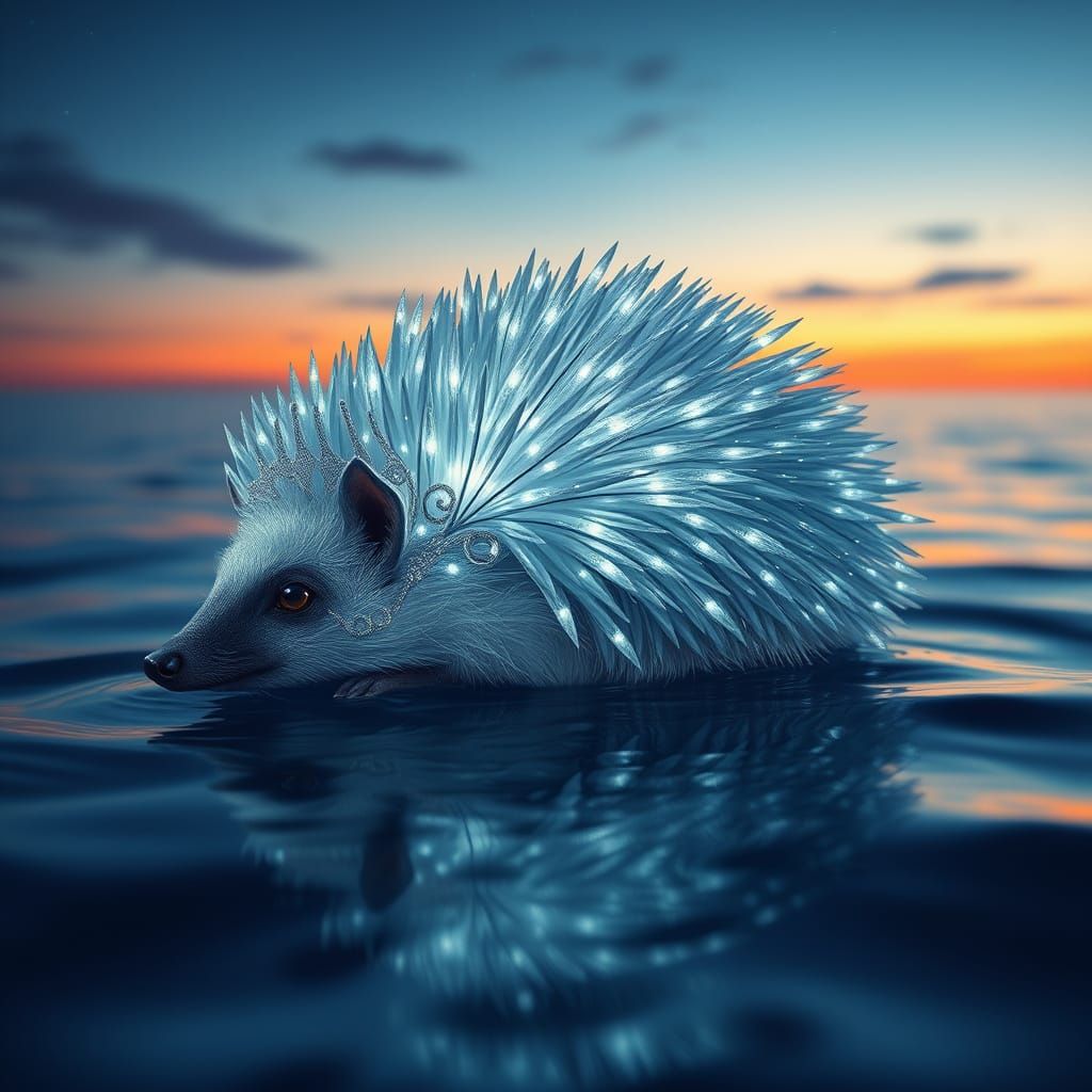 Silver hedgehog floating on the sea on its back, a summer night. translucent, luminous, magic.