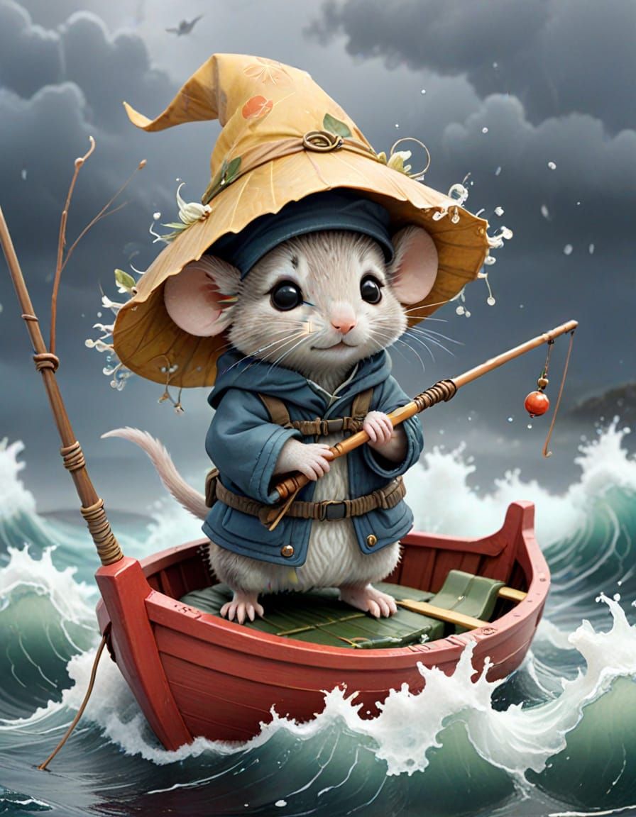 Adorable Chibi Mouse in a Stormy Ocean