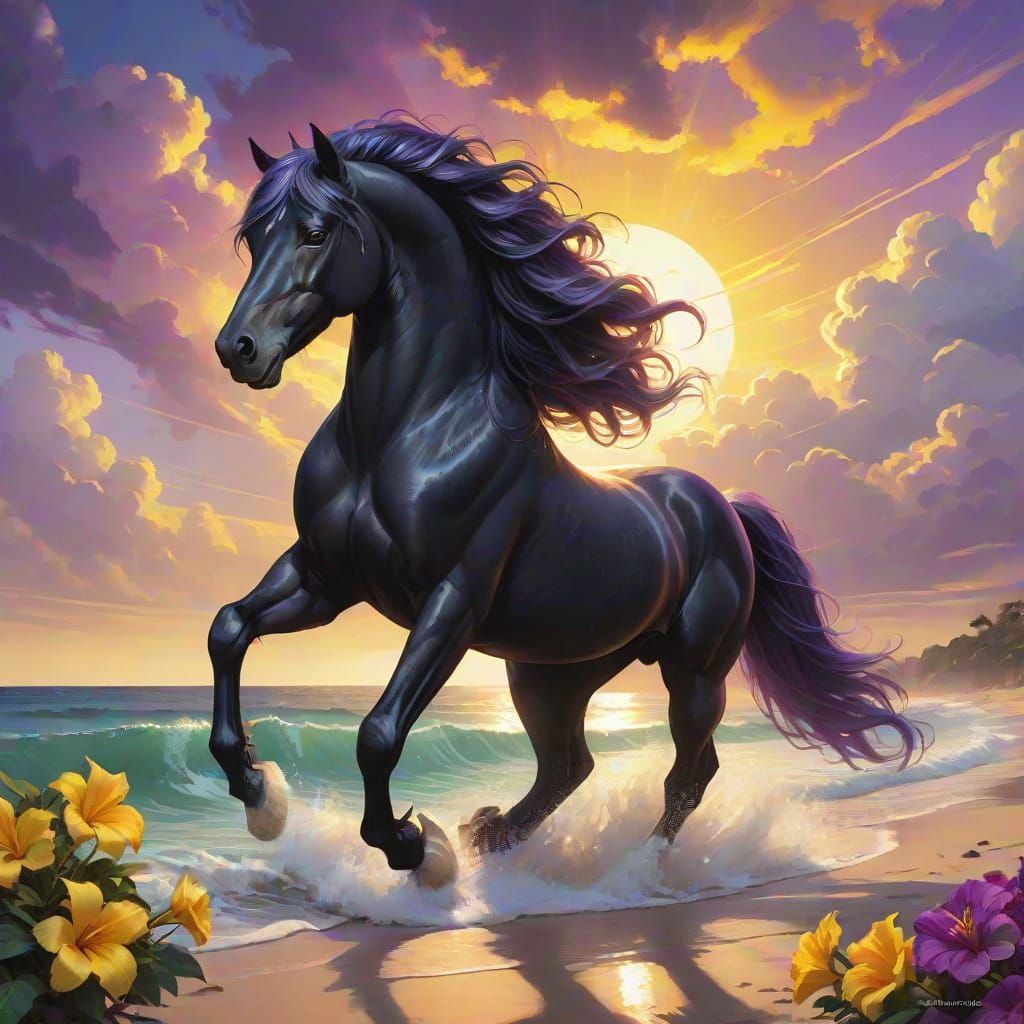 Majestic Black Arabian Stallion in Sunset Splendor