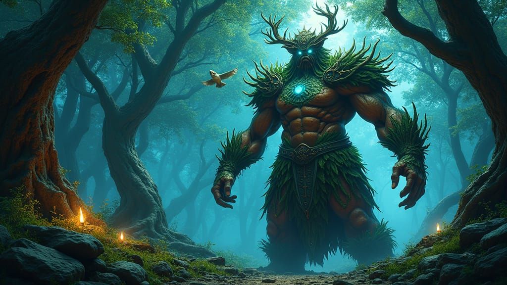 Celtic Forest Guardian Deity in Surreal Twilight
