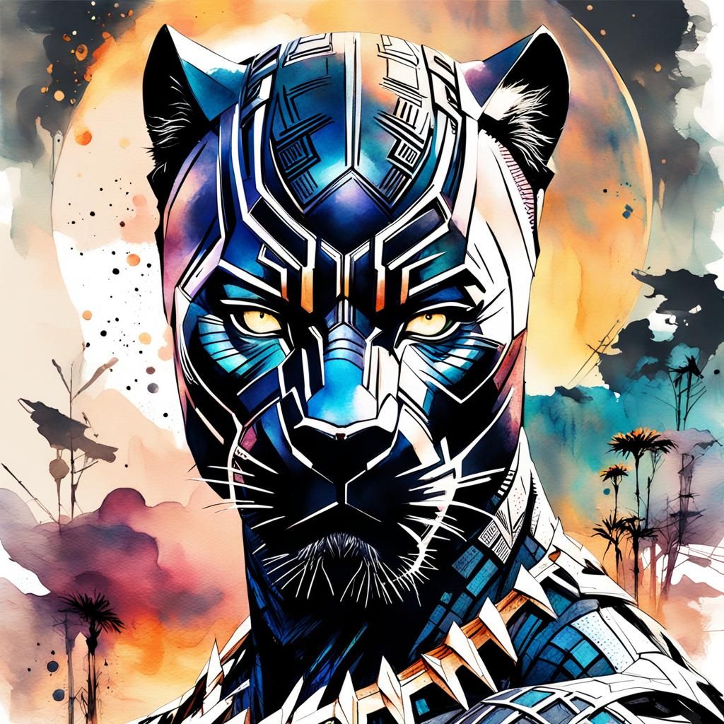Black Panther Digital Watercolor Moonscape Sunset