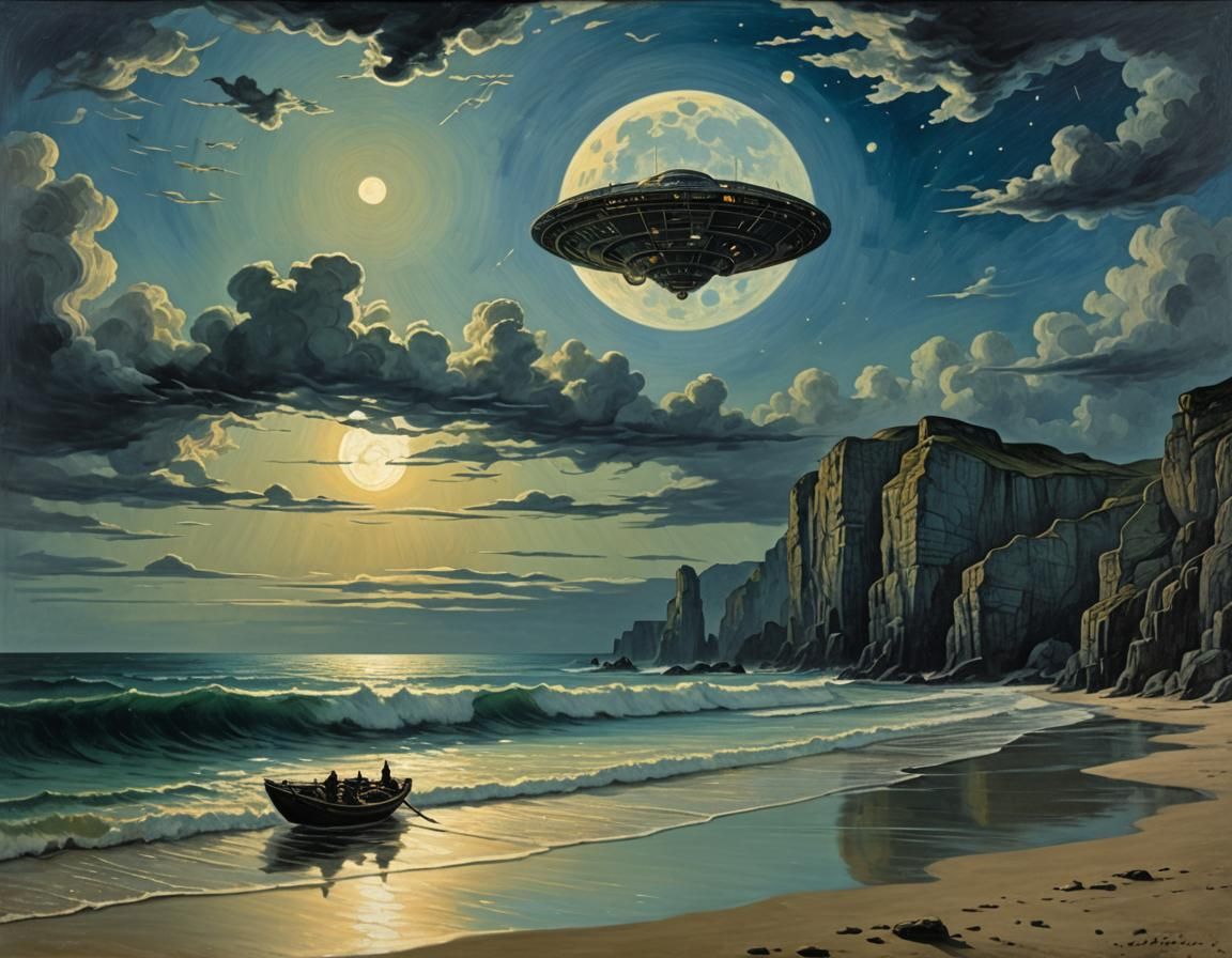 Alien Figures Approach Spacecraft in Neo-Cubist Style