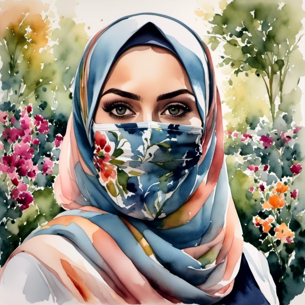 European Hijabi Woman in Botanic Garden Watercolor
