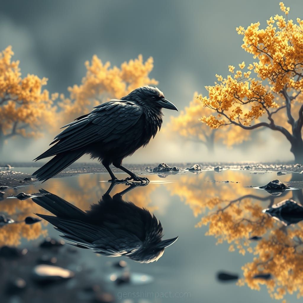 Raven in Puddle Reflected in Golden Light