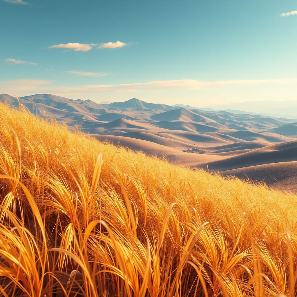 Surreal Comic Book Landscape of Rolling Hills and Golden Gra...