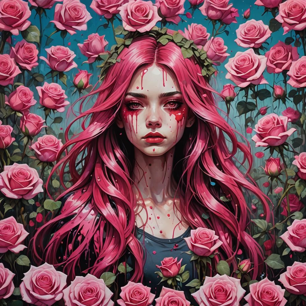 Girl with Colorful Hair in Rose Field: Graffiti Art